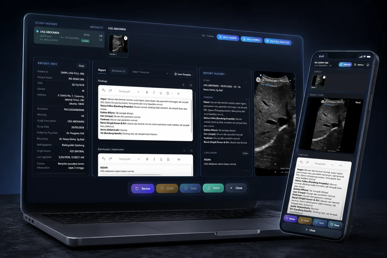 Ruang kerja pelaporan VEXA RIS di laptop dengan tampilan pelaporan mobile di sampingnya: riwayat studi, informasi pasien, editor temuan dan kesan, serta riwayat laporan.